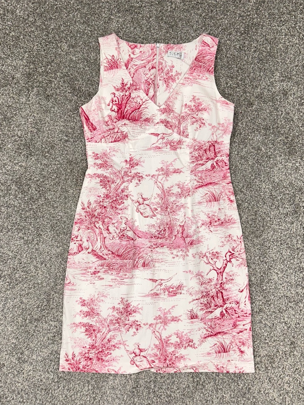 Vintage 90s Sleeveless Pink Toile Fitted Mini Dress Coquette V-Neck Sz 4